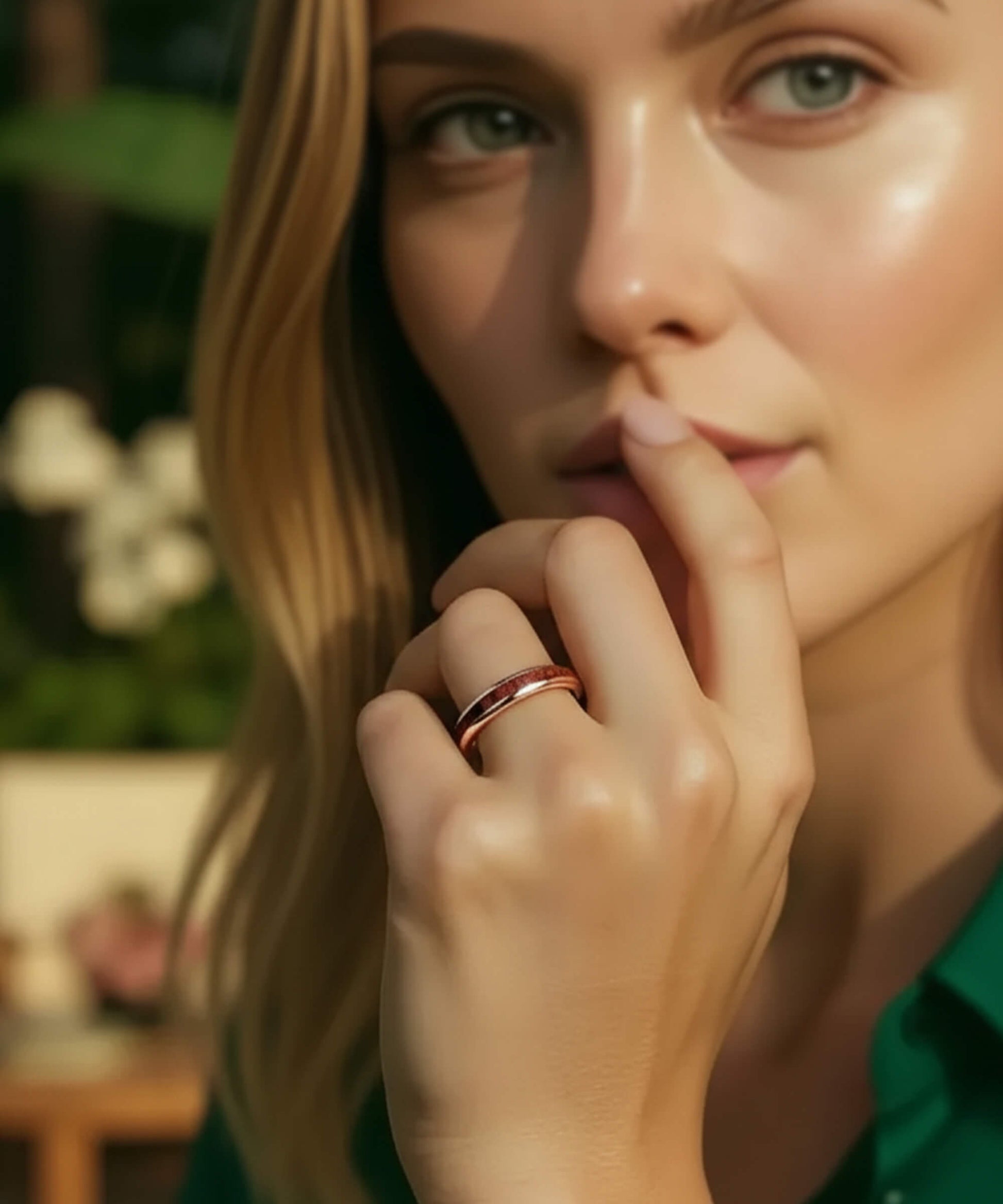 Femme élégante portant la bague Elior Rose en tungstène et bois, photographiée en gros plan dans un jardin d’hôtel chic au coucher du soleil.