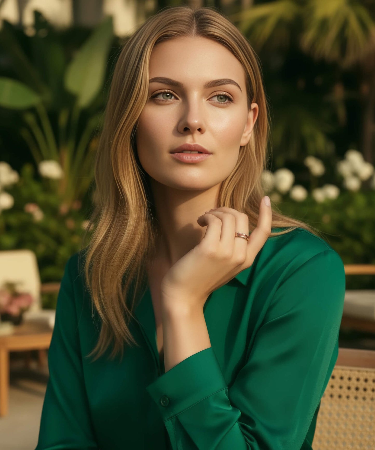 Femme élégante portant la bague Elior Rose en bois et métal doré, assise dans un jardin d’hôtel raffiné, vêtue d’une chemise verte satinée