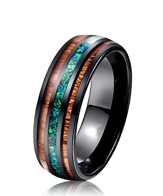Bague en bois Ark Cod en tungstène avec deux bandes de bois de koa et une incrustation verte brillante, bijou moderne et durable