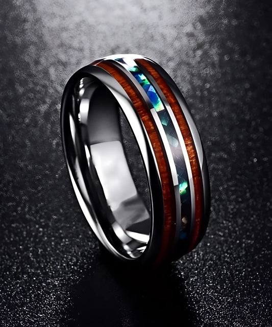 Bague en bois Ark Nat en tungstène poli, avec incrustations de bois de koa et reflets nacrés bleus et verts