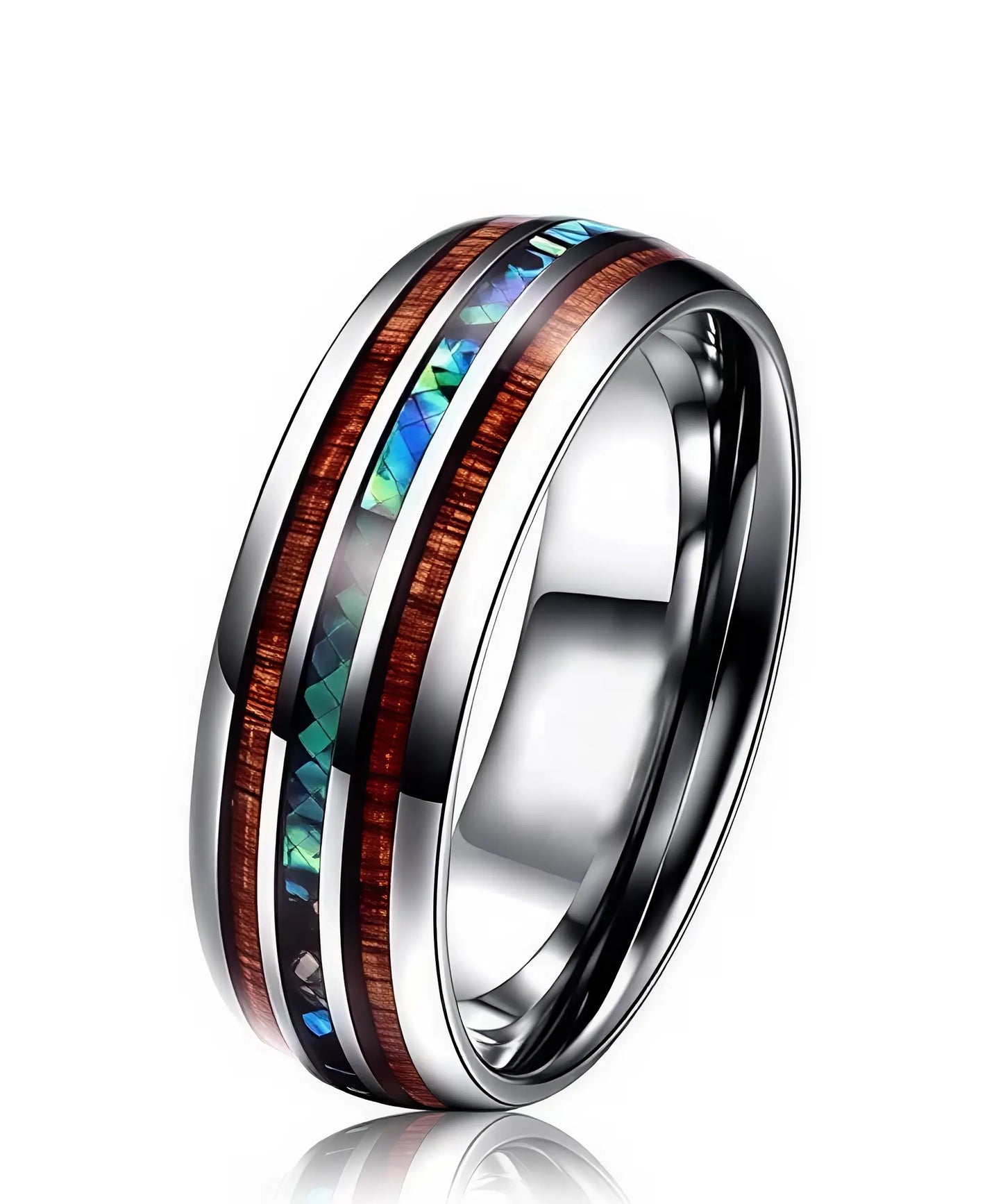 bague en bois Ark Nat en tungstène argenté avec incrustations de bois de koa et éclats nacrés bleus
