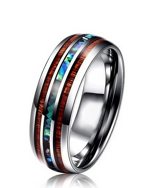 bague en bois Ark Nat en tungstène argenté avec incrustations de bois de koa et éclats nacrés bleus
