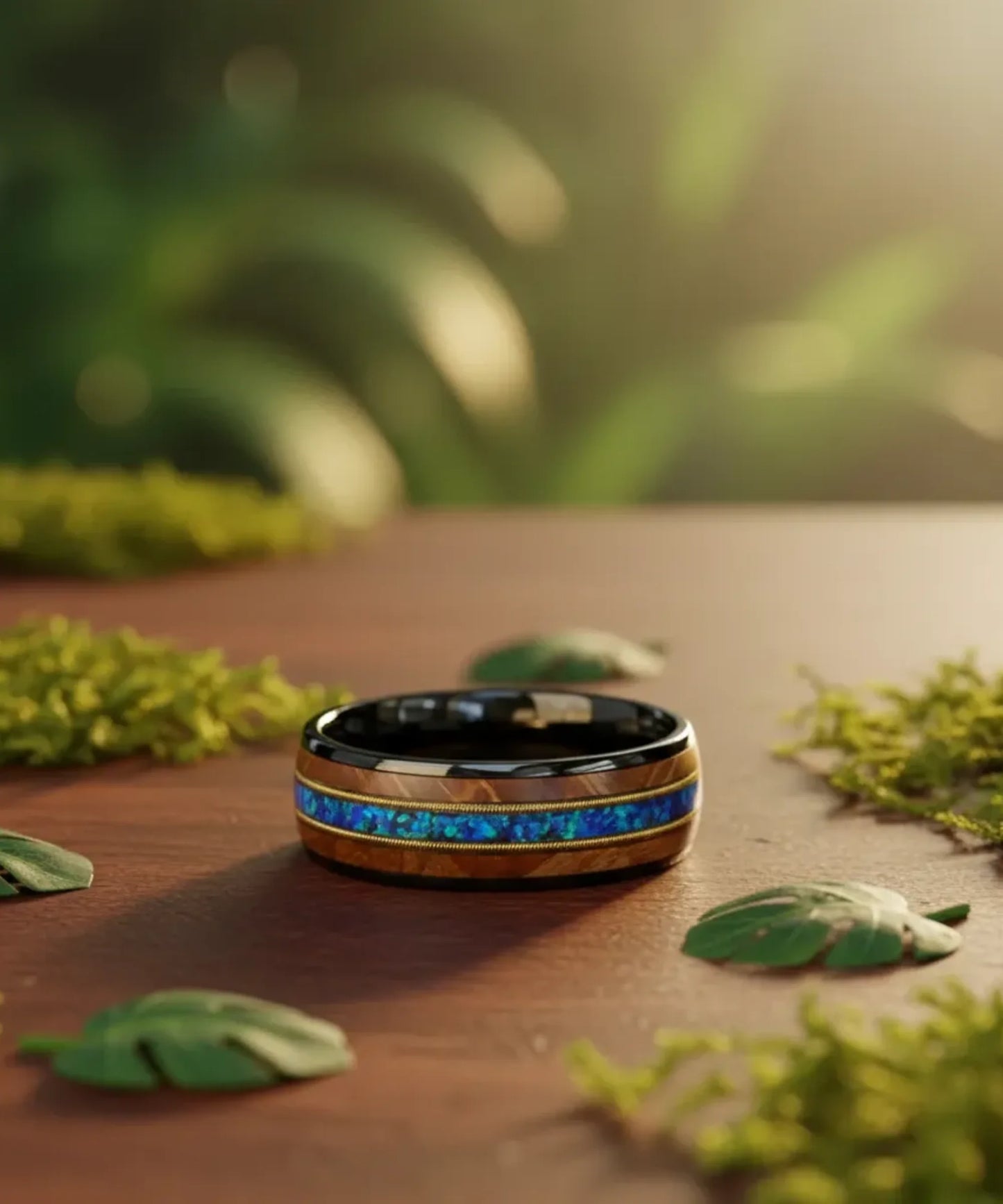 Bague en bois ark opale noire - decor artistique luxe, alliance bois