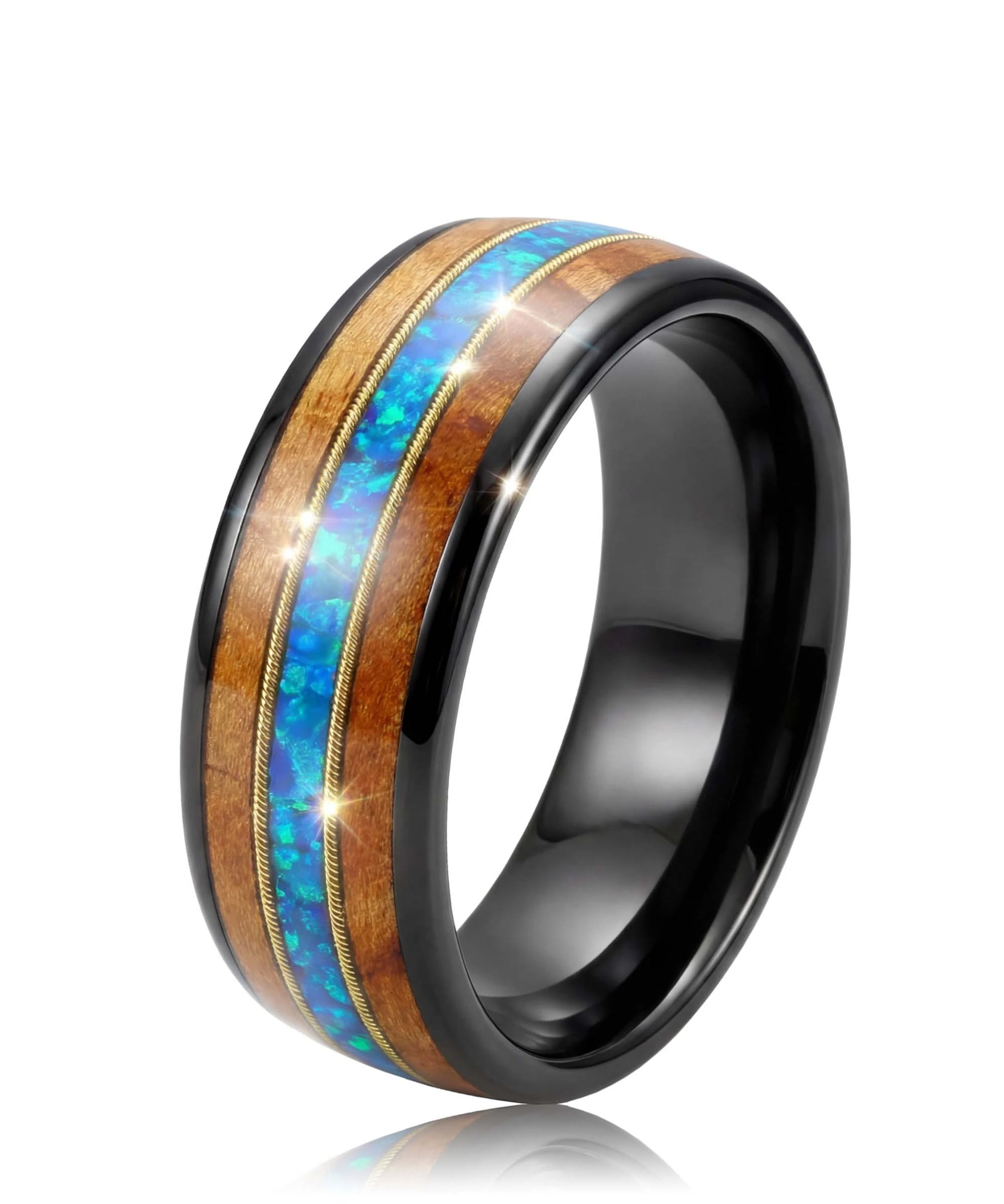Bague en bois ark opale noire sur fond blanc, photo e-commerce produit