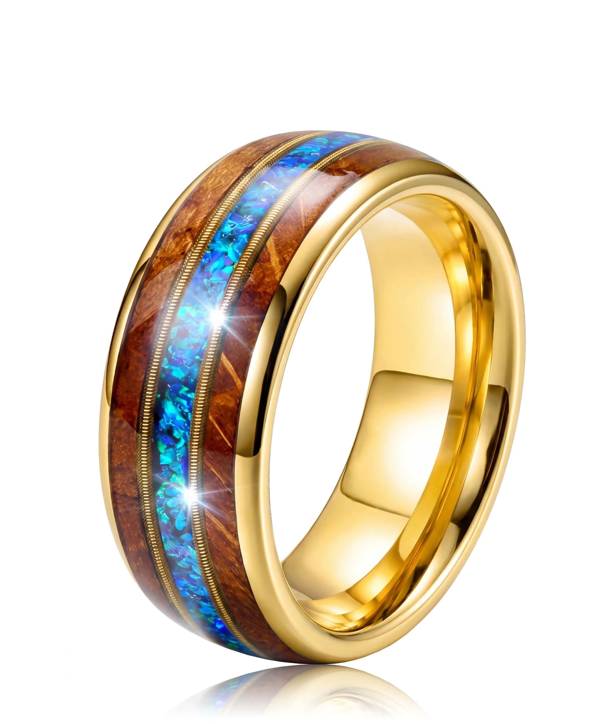 Bague en bois ark opale or sur fond blanc, photo e-commerce produit