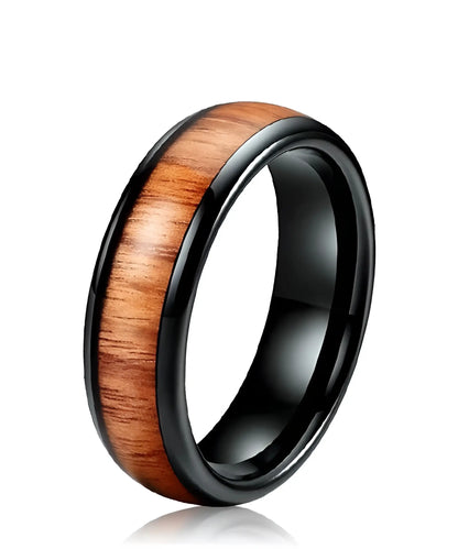 Bague en bois Elior Klimt noire avec incrustation bois naturel et anneau en tungstène noir poli