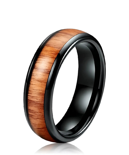 Bague en bois Elior Klimt noire avec incrustation bois naturel et anneau en tungstène noir poli