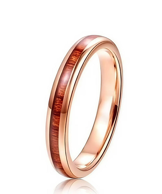Bague en bois Elior tana rose avec insert de bois exotique et finition or rose, alliance originale pour homme ou femme.