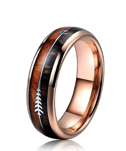 Bague en bois Flèche de Cupidon rose Passion Sim, anneau en tungstène or rose avec incrustation bois et motif flèche