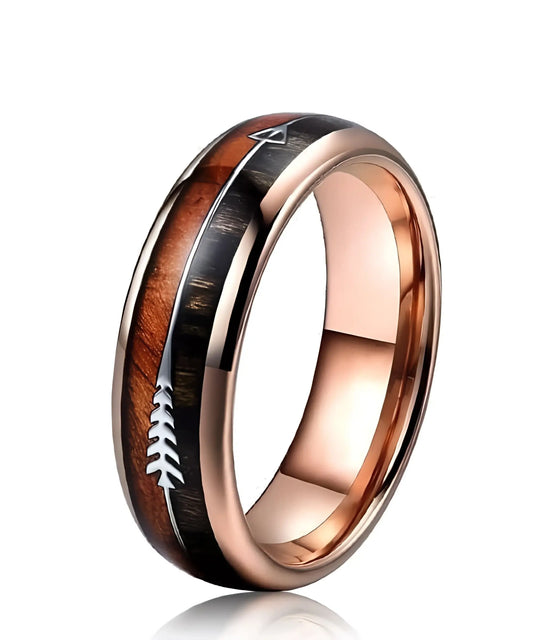 Bague en bois Flèche de Cupidon rose Passion Sim, anneau en tungstène or rose avec incrustation bois et motif flèche