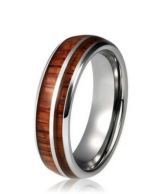 Bague en bois Gemini argent, anneau en tungstène poli avec incrustation de bois naturel et double liseré métallique