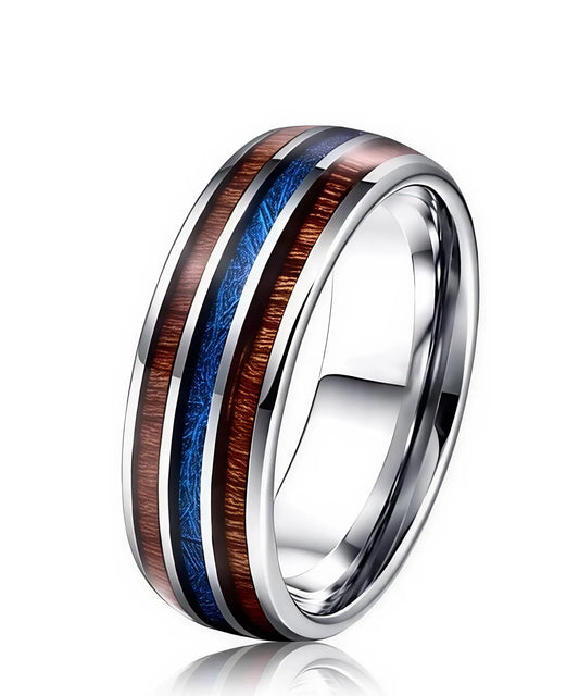 Bague en bois Ark Upto en tungstène avec deux bandes de koa et une incrustation centrale bleue aspect vermiculite