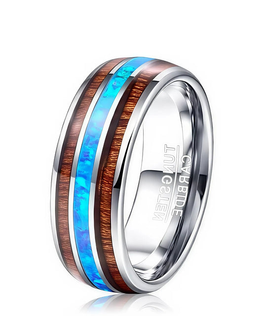 Bague en bois Ark Opale argent avec deux bandes de bois de koa et une bande centrale en opale bleue, anneau en tungstène argent élégant et raffiné
