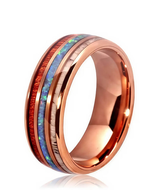 Bague en bois et tungstène rose avec incrustations d’opale bleue, bois de koa et bois de cerf, anneau raffiné et élégant