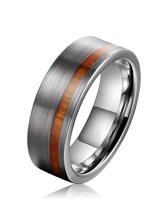 Bague en bois Ultron Ram argent, anneau en tungstène argent finition brossée avec incrustation de bois de koa naturel