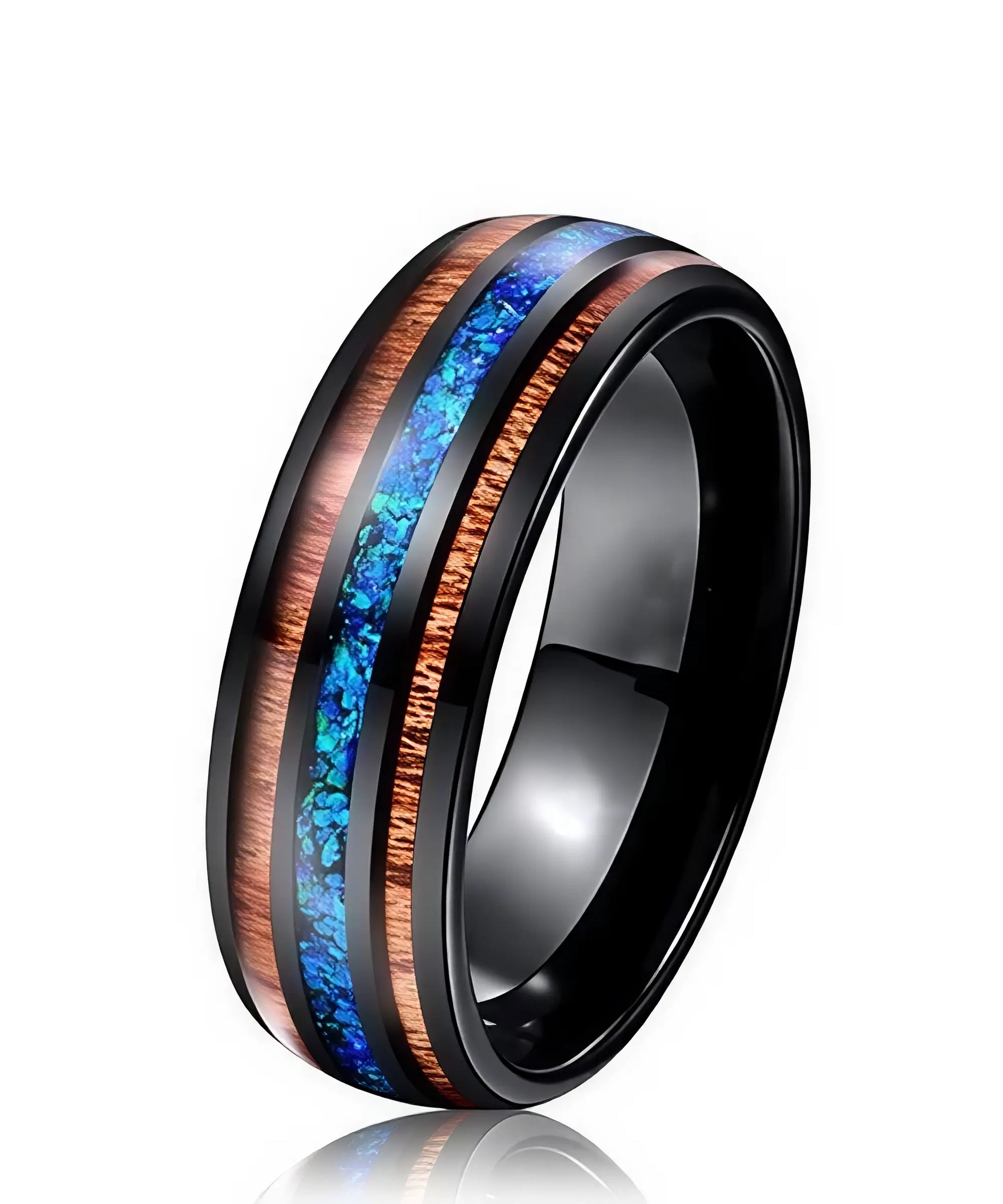 Bague en bois Ark Benetto en tungstène noir avec incrustation de bois de koa et opale bleue