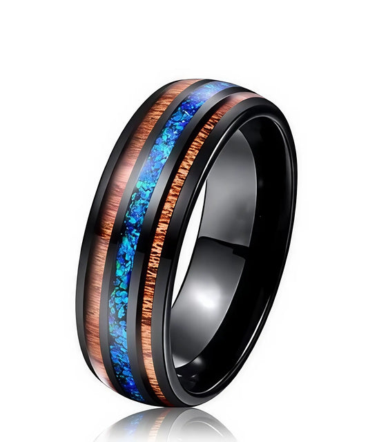 Bague en bois Ark Benetto en tungstène noir avec incrustation de bois de koa et opale bleue
