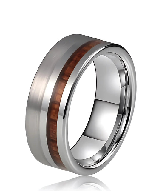 Bague Ultron argent en tungstène poli et brossé avec incrustation de bois de koa naturel, design élégant et intemporel