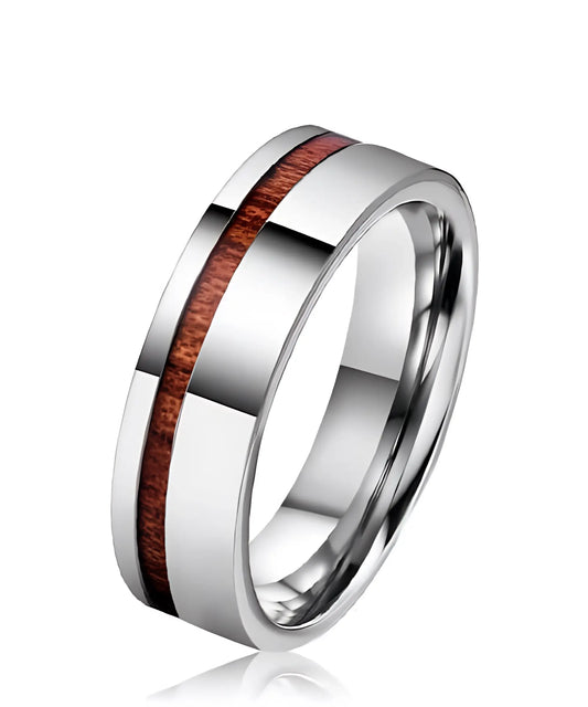 Bague en bois Ultron Sim argent en tungstène poli avec incrustation de bois naturel de koa