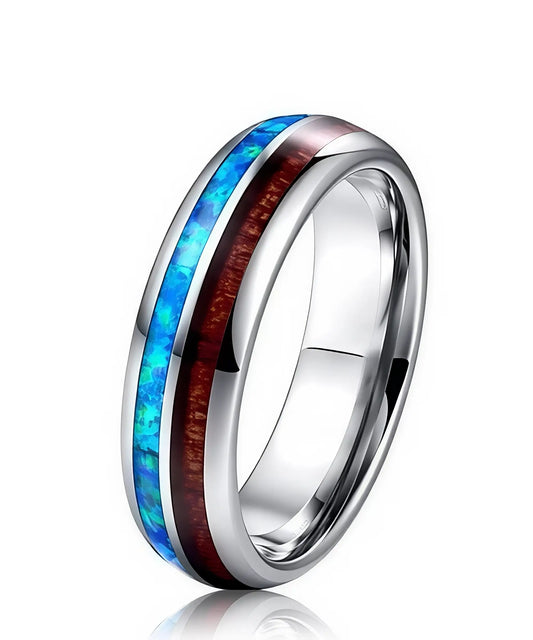 Bague en bois Valnum en tungstène poli avec incrustation de bois de koa et opale bleue lumineuse, alliance élégante et moderne