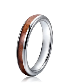 Bague de fiançailles Elior Tana en bois et argent, alliance fine en tungstène poli avec incrustation de bois naturel, au design élégant et intemporel.