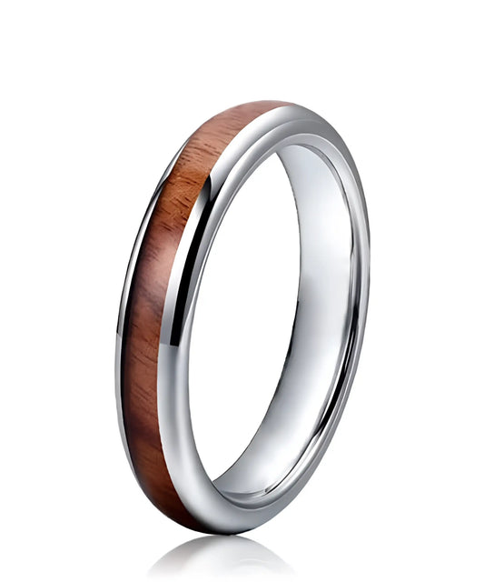 Bague de fiançailles Elior Tana en bois et argent, alliance fine en tungstène poli avec incrustation de bois naturel, au design élégant et intemporel.