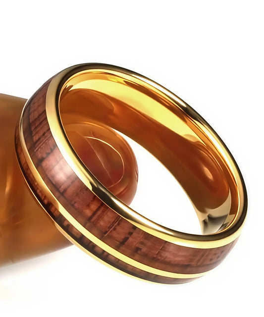 Bague Gemini or en bois de koa et tungstène doré, alliance élégante et durable au design raffiné