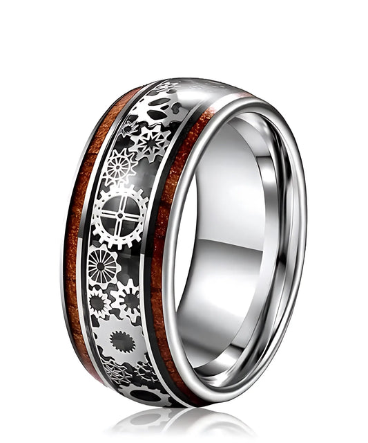 Bague homme Arcadion en bois et tungstène finition argentée avec motifs mécaniques gravés, style original et moderne