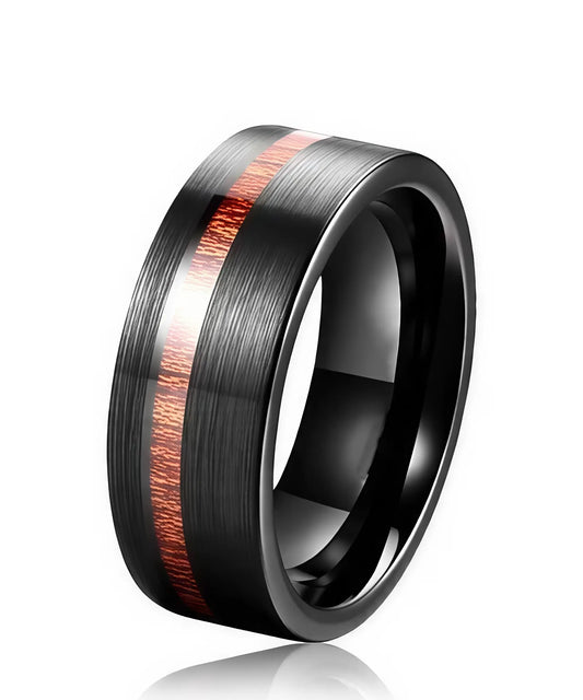 Bague homme en tungstène brossé noir avec incrustation de bois rouge Ultron, design robuste et élégant