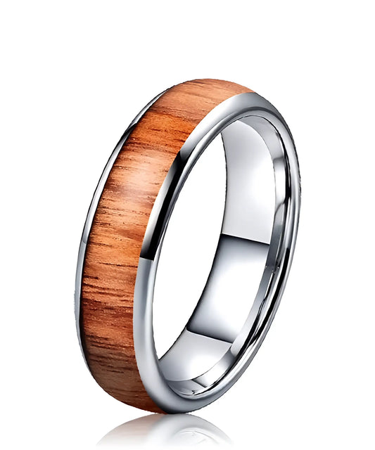 Bague Ouranos Klimt en tungstène argenté avec incrustation de bois naturel, alliance élégante et intemporelle pour mariage ou fiançailles