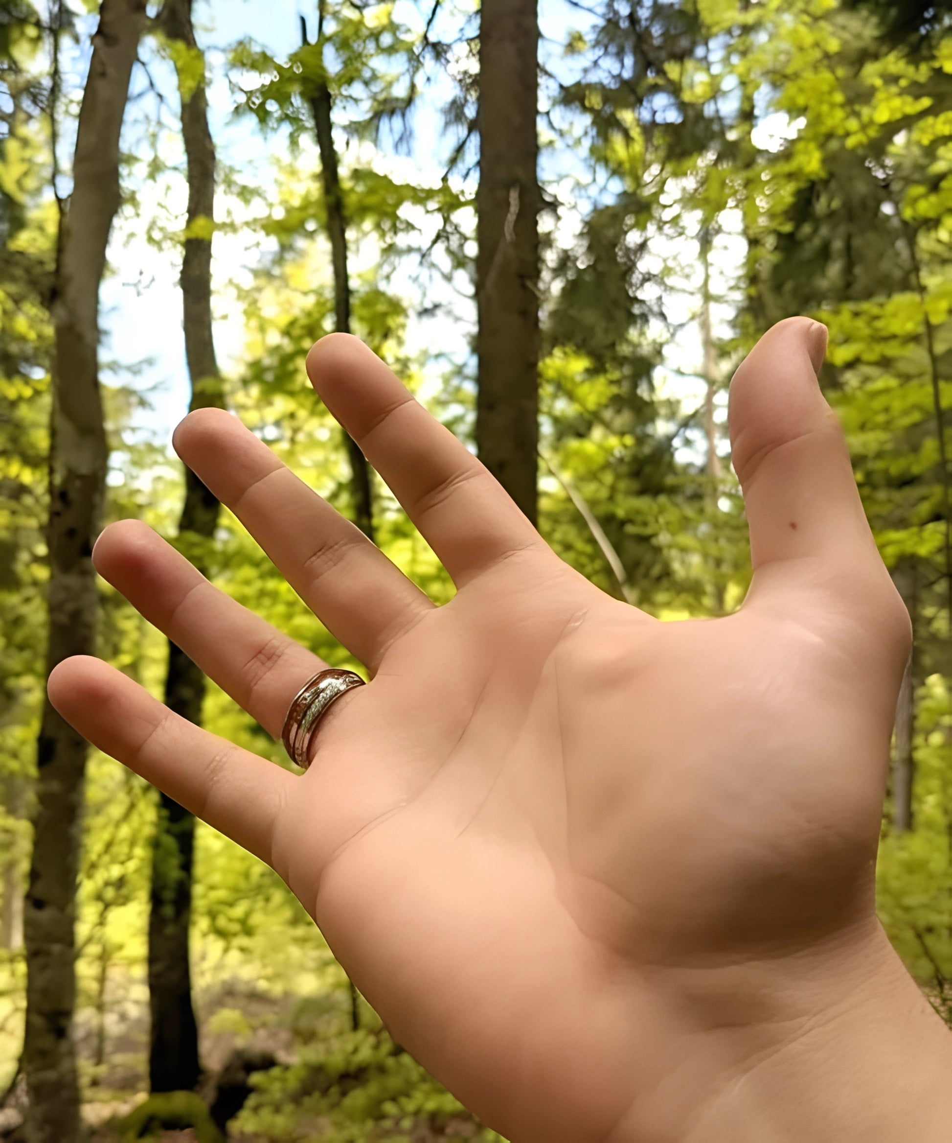 Bague en tungstène avec incrustation de bois de koa et bande aspect météorite portée à la main dans une forêt, symbole naturel et moderne.