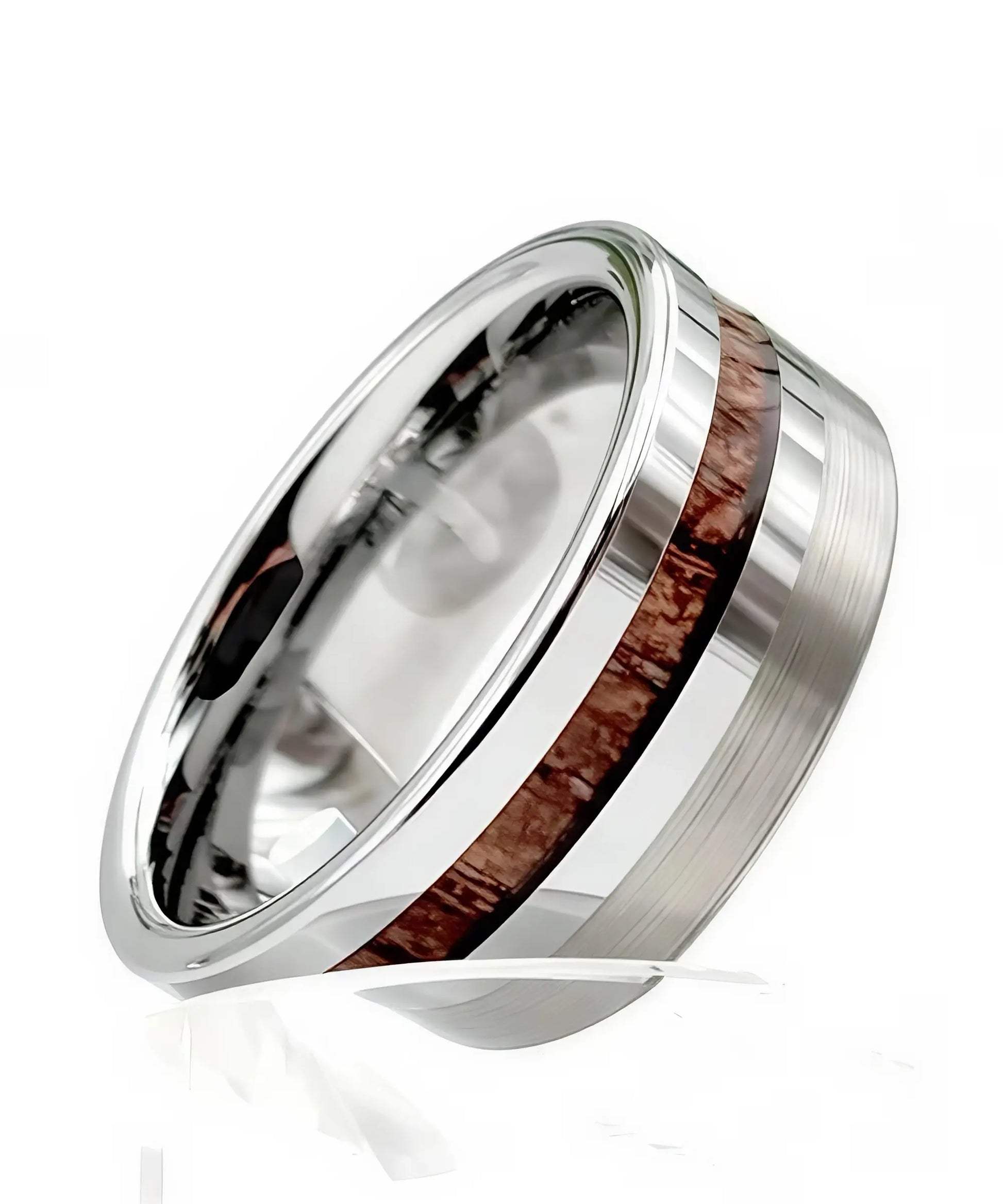 Bague Ultron argent en tungstène brossé et poli avec incrustation de bois de koa, design moderne et élégant