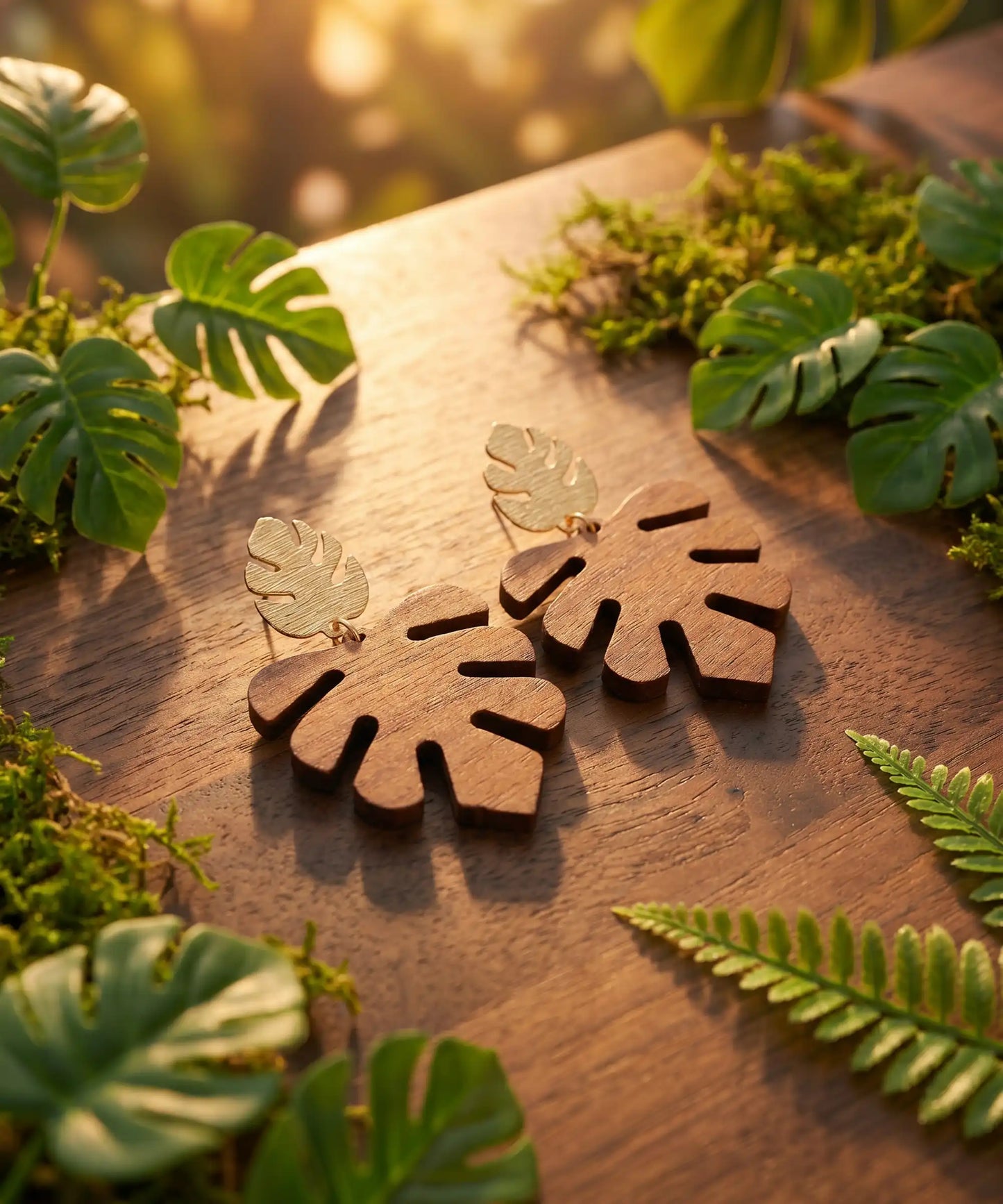 Boucles d'oreilles en bois Corail Monstera caramel - vue artistique détaillée, boucles en bois