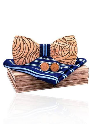 COFFRET NOEUD PAPILLON BOIS Bignone bleu à bande