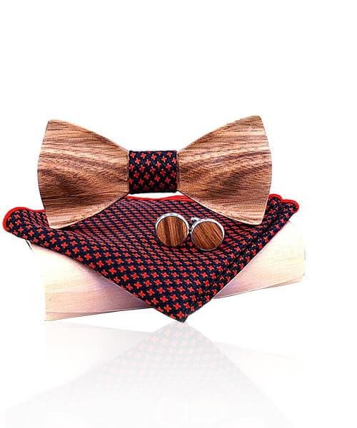 Set Nœud Papillon Bois RQPYQF - 3 Pièces (Nœud + Boutons Manchette + Carré Poche), Taille Réglable