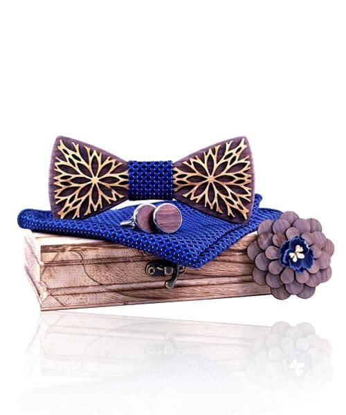 COFFRET NOEUD PAPILLON BOIS Fleur D'or bleu royal - Bois Eden