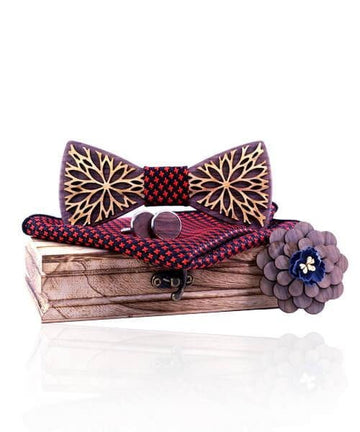 COFFRET NOEUD PAPILLON BOIS Fleur D'or rouge royal