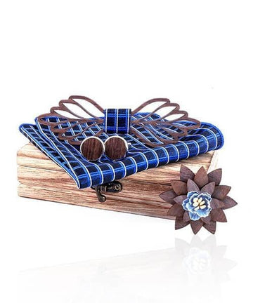 COFFRET NOEUD PAPILLON BOIS Helvetica à carreaux bleu