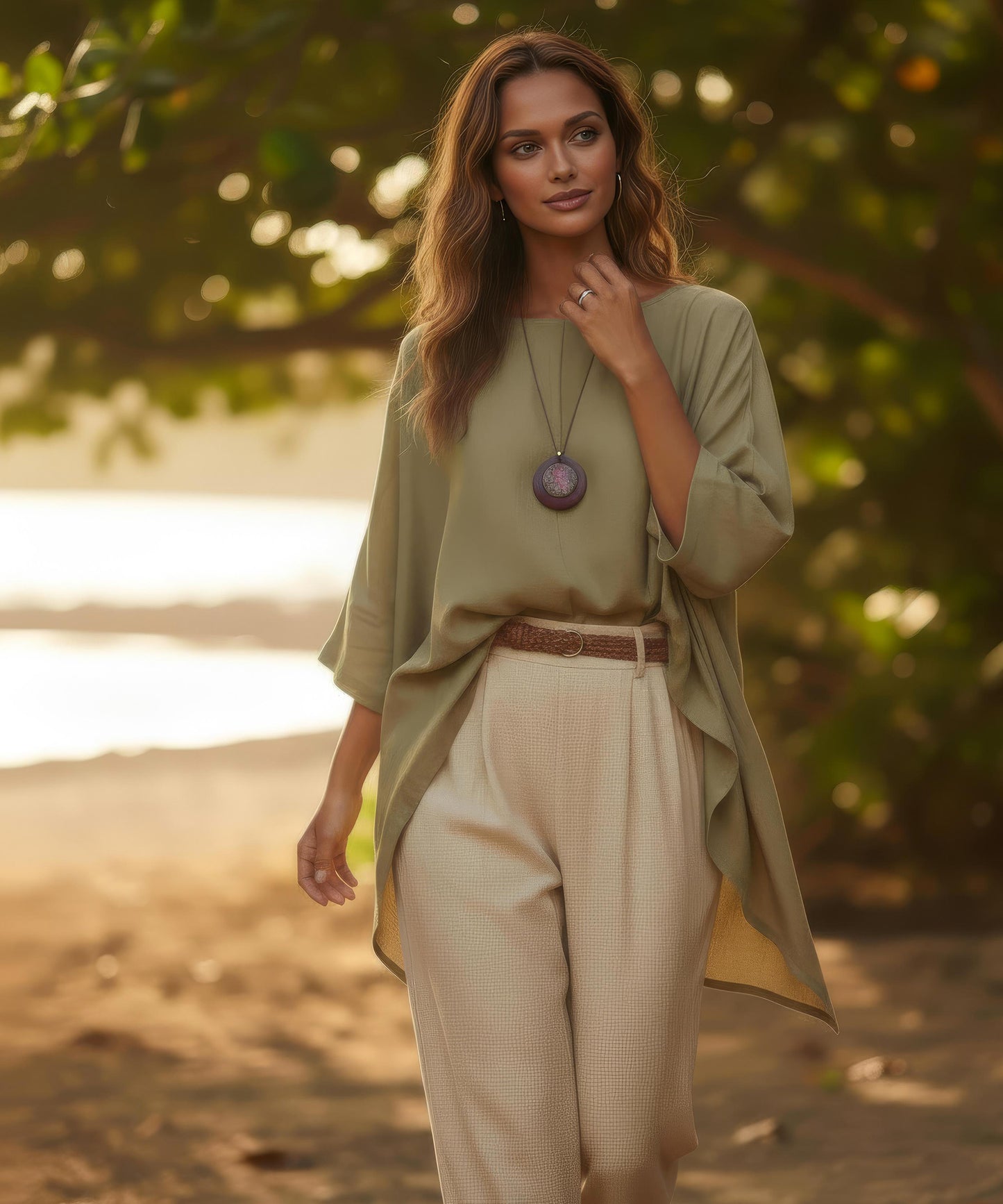 Femme marchant sur la plage au coucher du soleil, touchant son cou avec une main portant une bague en bois et tungstène.