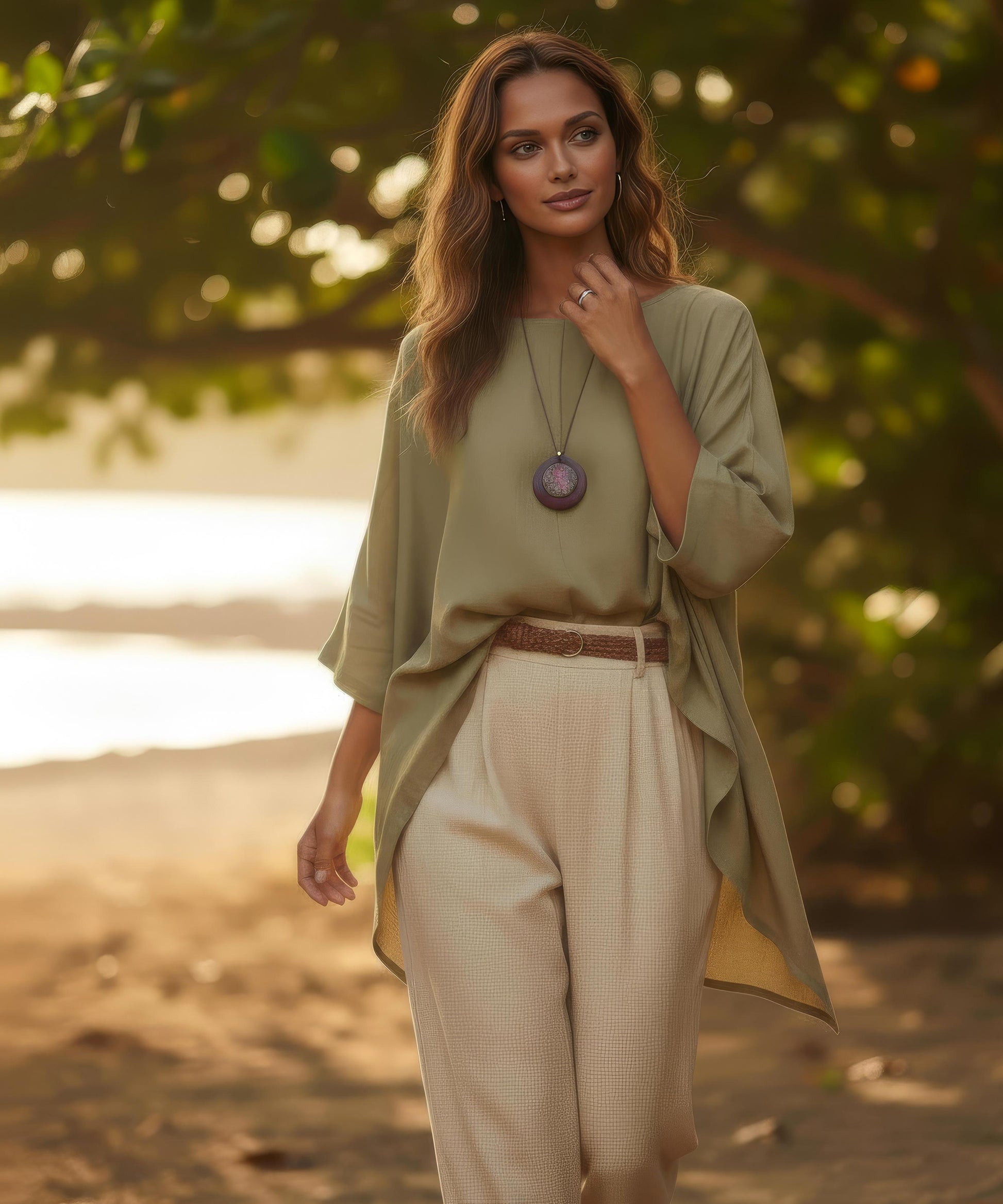 Femme marchant sur la plage au coucher du soleil, touchant son cou avec une main portant une bague en bois et tungstène.