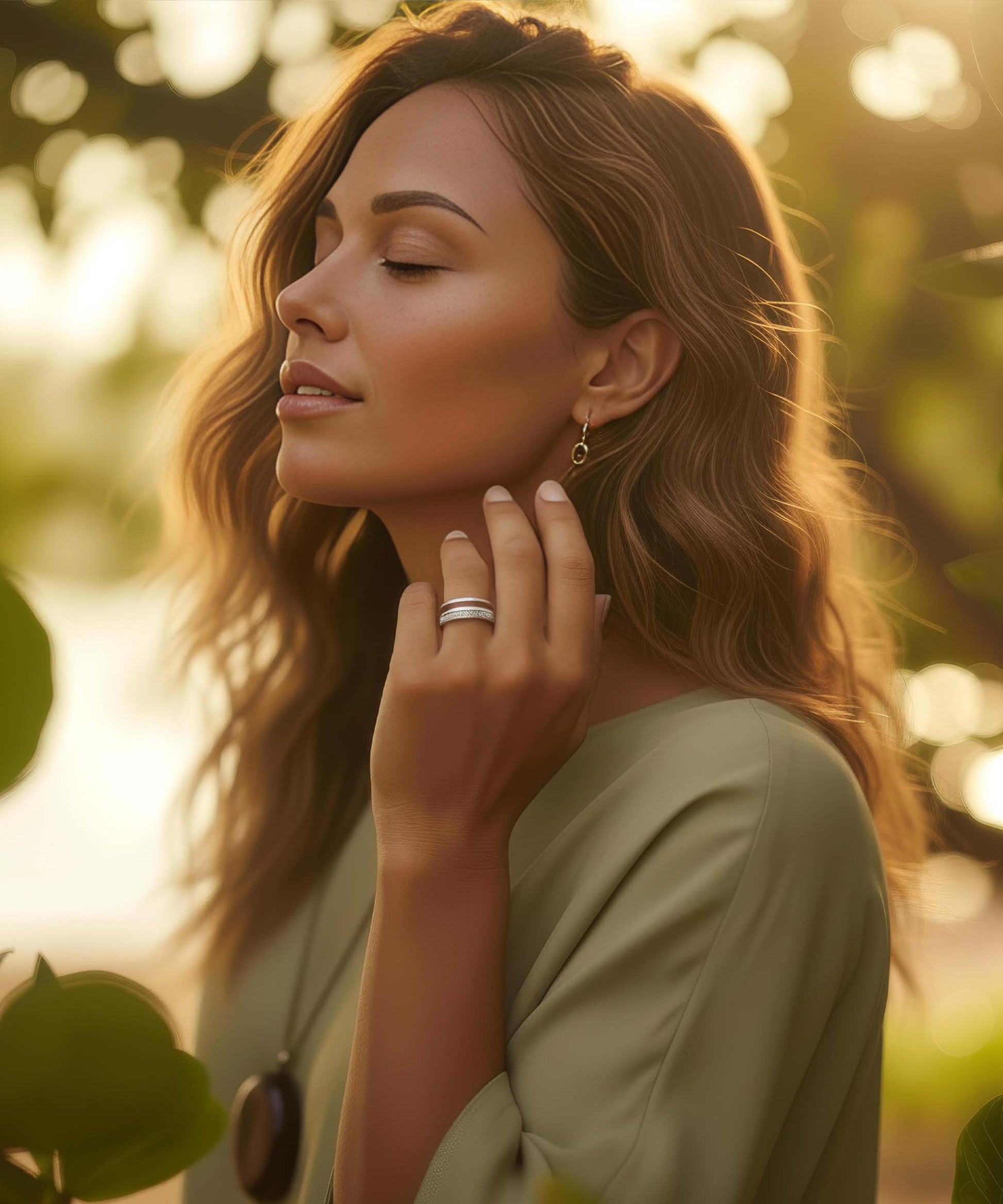 Femme en extérieur au coucher du soleil, yeux fermés, mettant en avant une bague en bois et tungstène sur sa main.